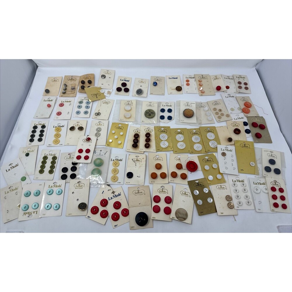 VTG Lot 70 Carded NEW Sewing Buttons LaMode Platic Metal Wood Japan Holland USA